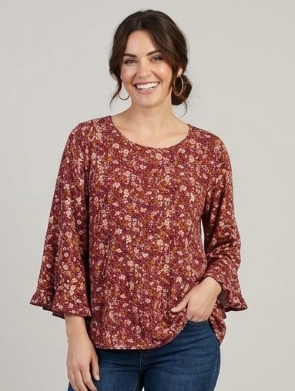 Women's Floral Bell-Sleeve Tunic Top in Burgundy